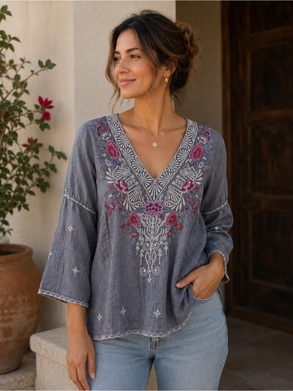 Johnny Was sz S chambray blouse floral embroidery 3/4 sleeve good pre owned cond